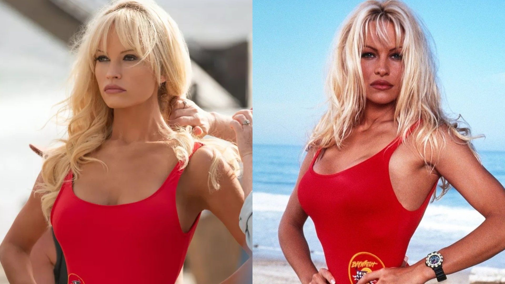Due donne in costume rosso in posa sulla spiaggia: a sinistra—un'attrice nel personaggio, a destra—l'originale Pamela Anderson di "Baywatch"