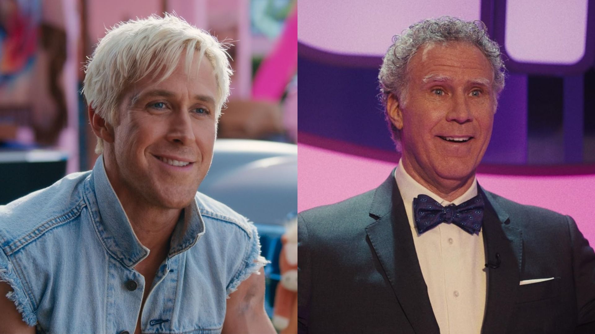 L'attore Ryan Gosling con un gilet di jeans e l'attore Will Ferrell in smoking