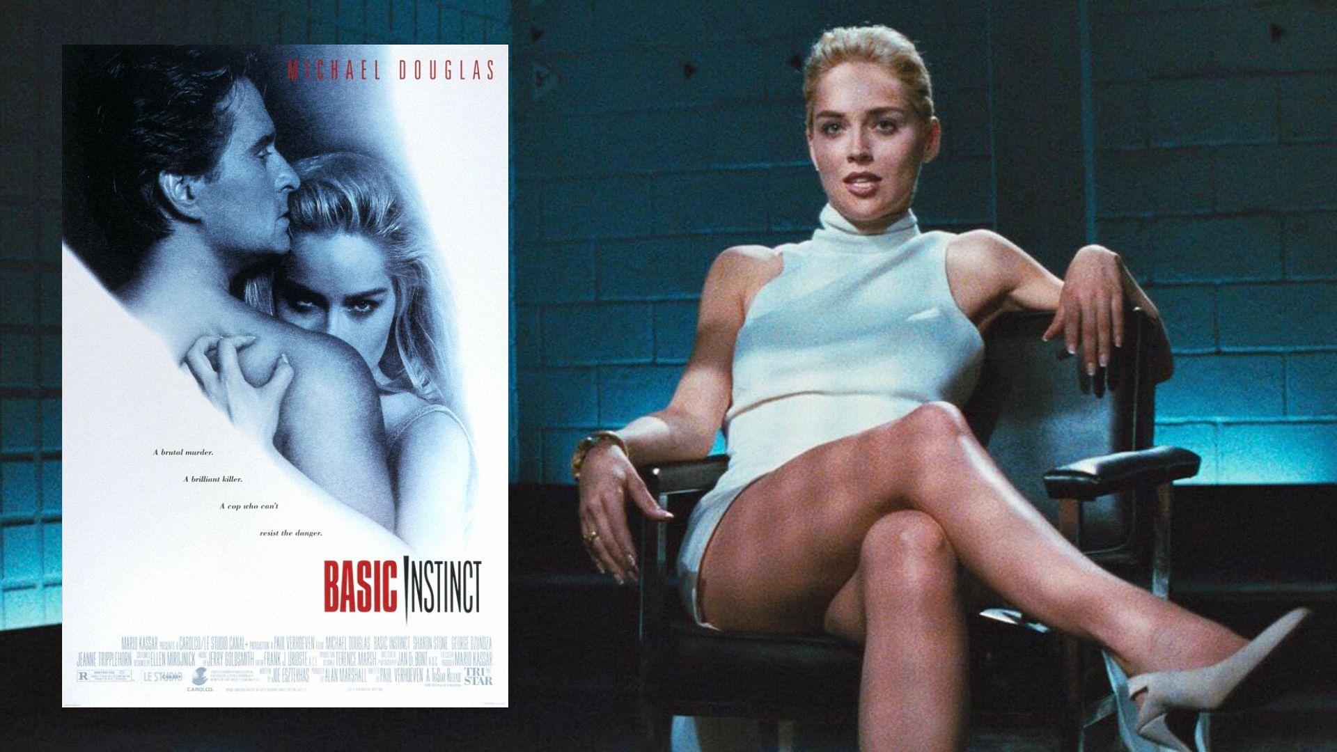 L'attrice Sharon Stone in abito bianco seduta su una sedia contro uno sfondo blu