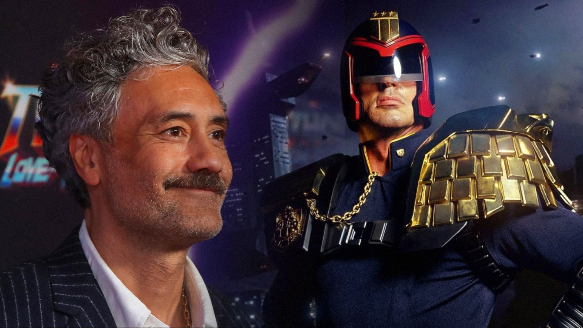 Il regista Taika Waititi in blazer e l'attore Sylvester Stallone con elmo rosso e blu