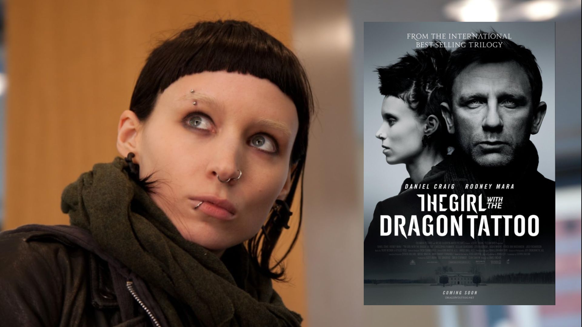 L'attrice Rooney Mara con i capelli neri e un poster del film dove sta accanto all'attore Daniel Craig