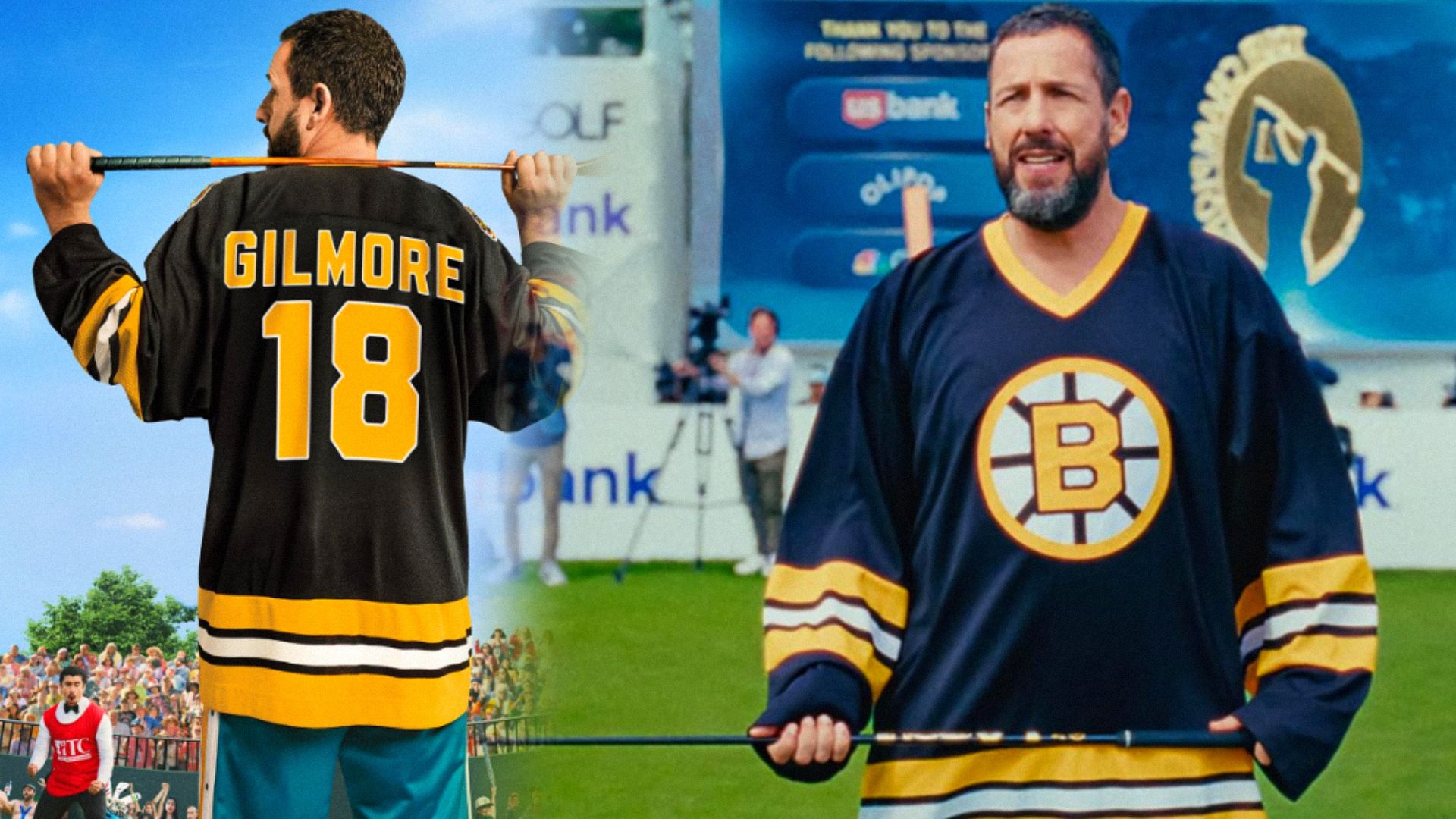 L'attore Adam Sandler con una mazza da golf in mano su un campo da golf