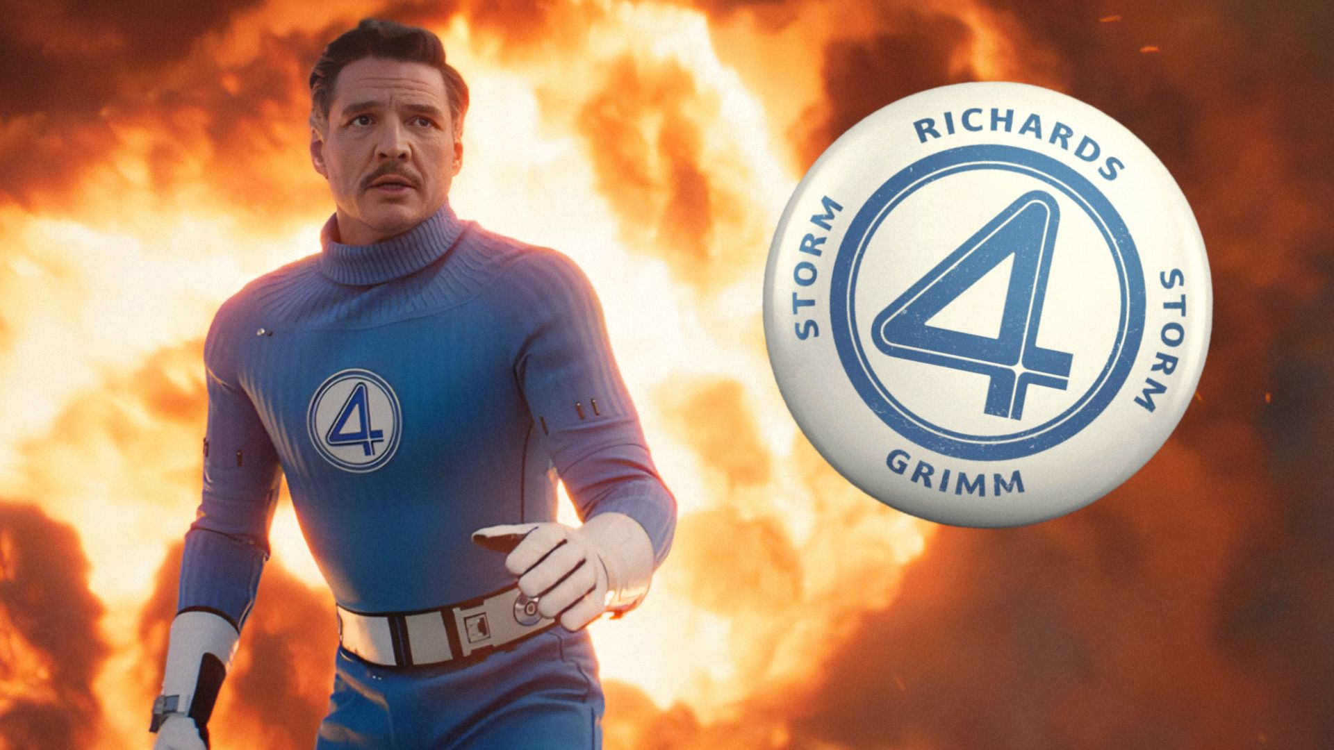 L'attore Pedro Pascal in un costume da supereroe blu con il numero 4 sul petto sullo sfondo di fiamme