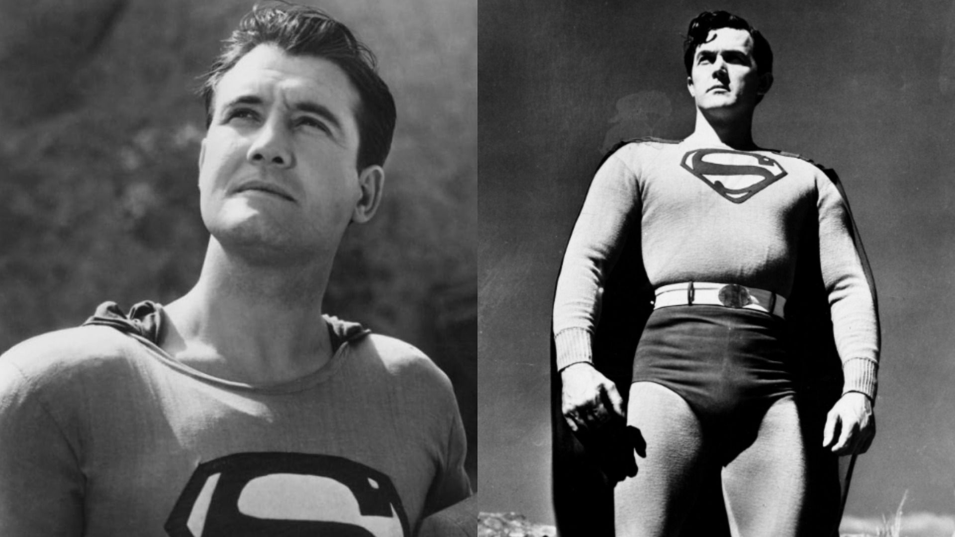 Gli attori Kirk Alyn e George Reeves in costume da supereroe con la lettera S sul petto