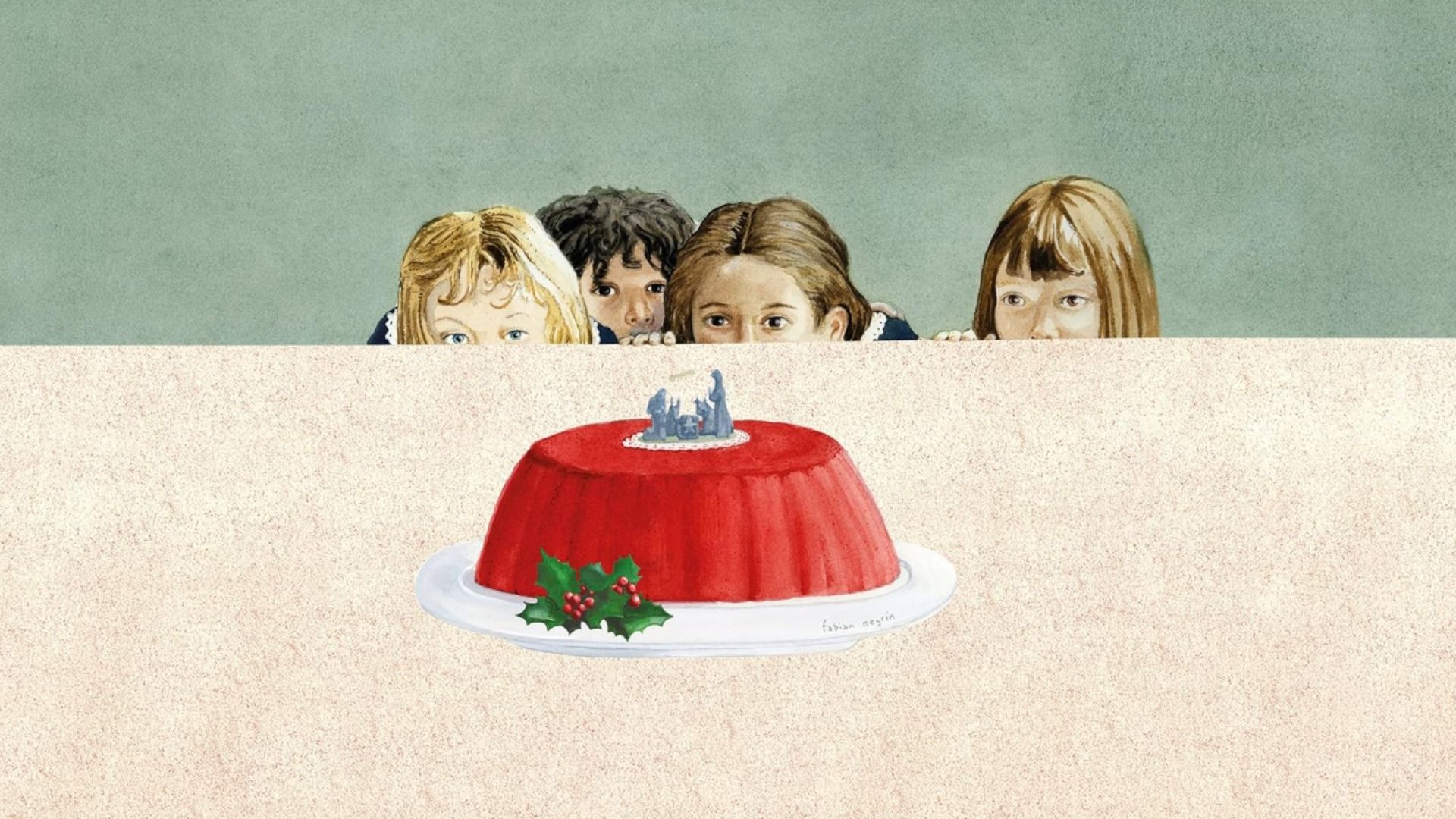 Quattro ragazze sbirciano da sotto il tavolo e guardano una grande torta rossa