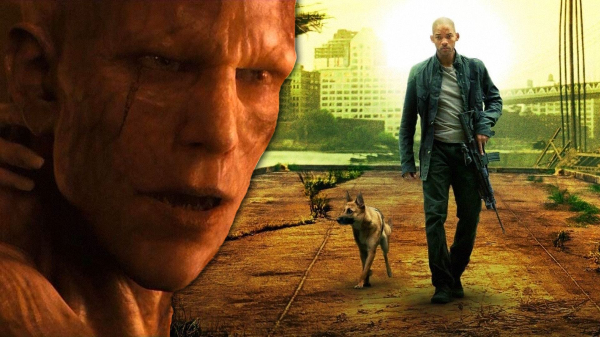 Un uomo calvo, sulla destra l'attore Will Smith cammina attraverso una città vuota con un cane