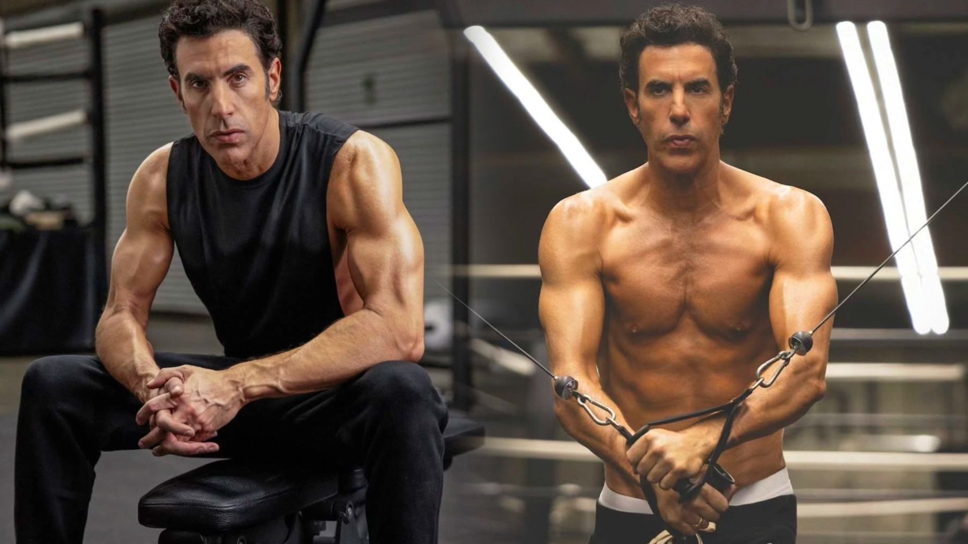 L'attore Sacha Baron Cohen in canottiera nera mostra i suoi muscoli pompati, a destra si sta allenando con gli attrezzi