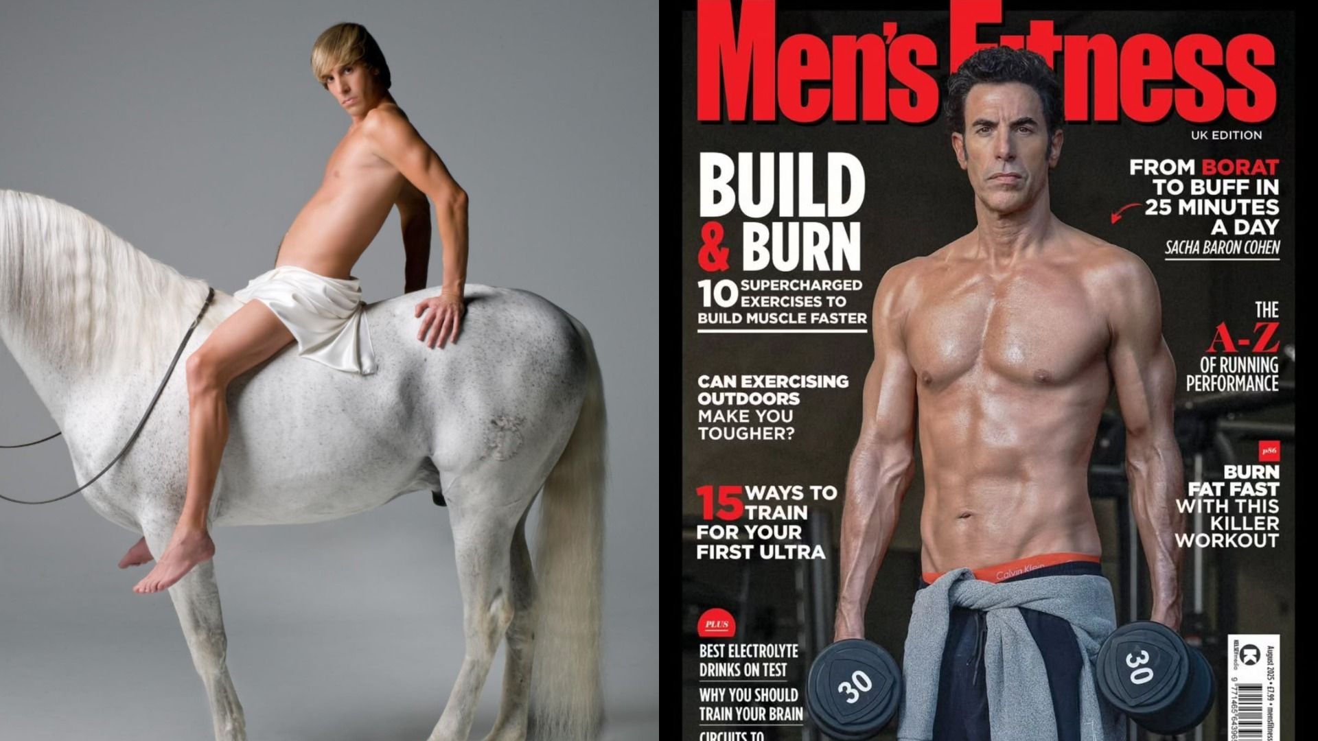 L'attore Sacha Baron Cohen seduto a cavallo, a destra è sulla copertina di una rivista con i manubri in mano
