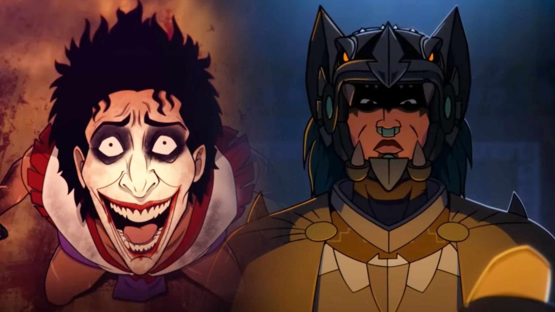 Immagini animate di Joker e Batman, il primo sorride, il secondo indossa una maschera cornuta