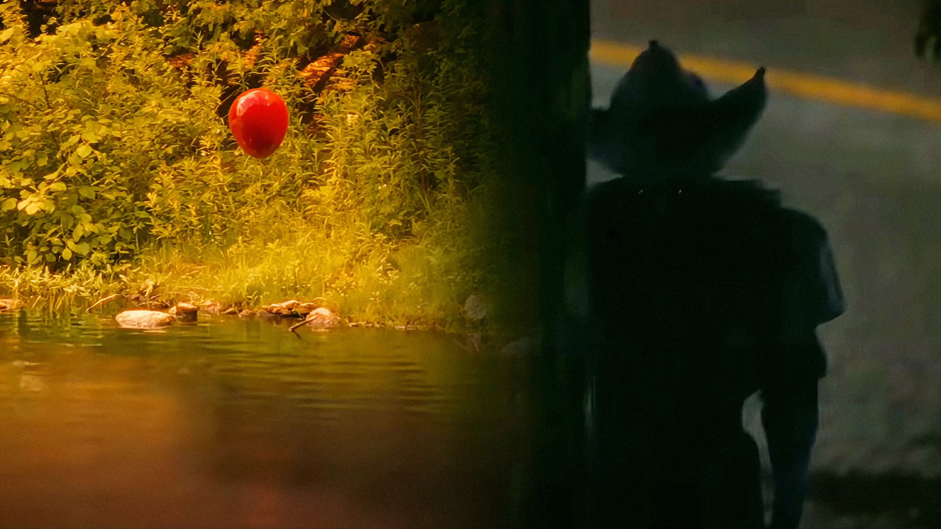 Un palloncino rosso che galleggia sulla superficie dell'acqua, la sagoma dell'attore Bill Skarsgård nei panni del clown