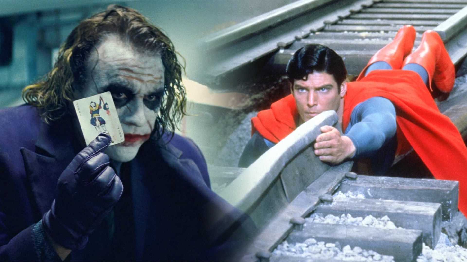L'attore Heath Ledger con capelli verdi e trucco da clown, l'attore Christopher Reeve in costume blu e rosso con mantello sdraiato sui binari del treno