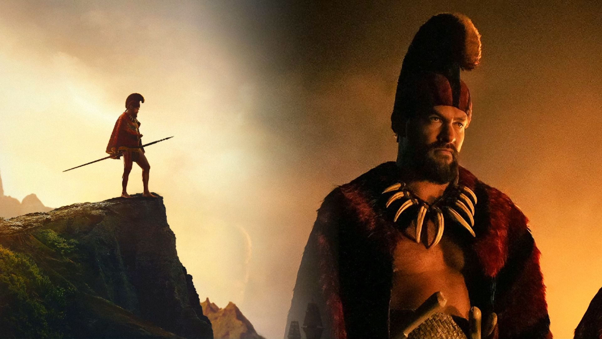 L'attore Jason Momoa in costume tradizionale hawaiano con collana d'osso