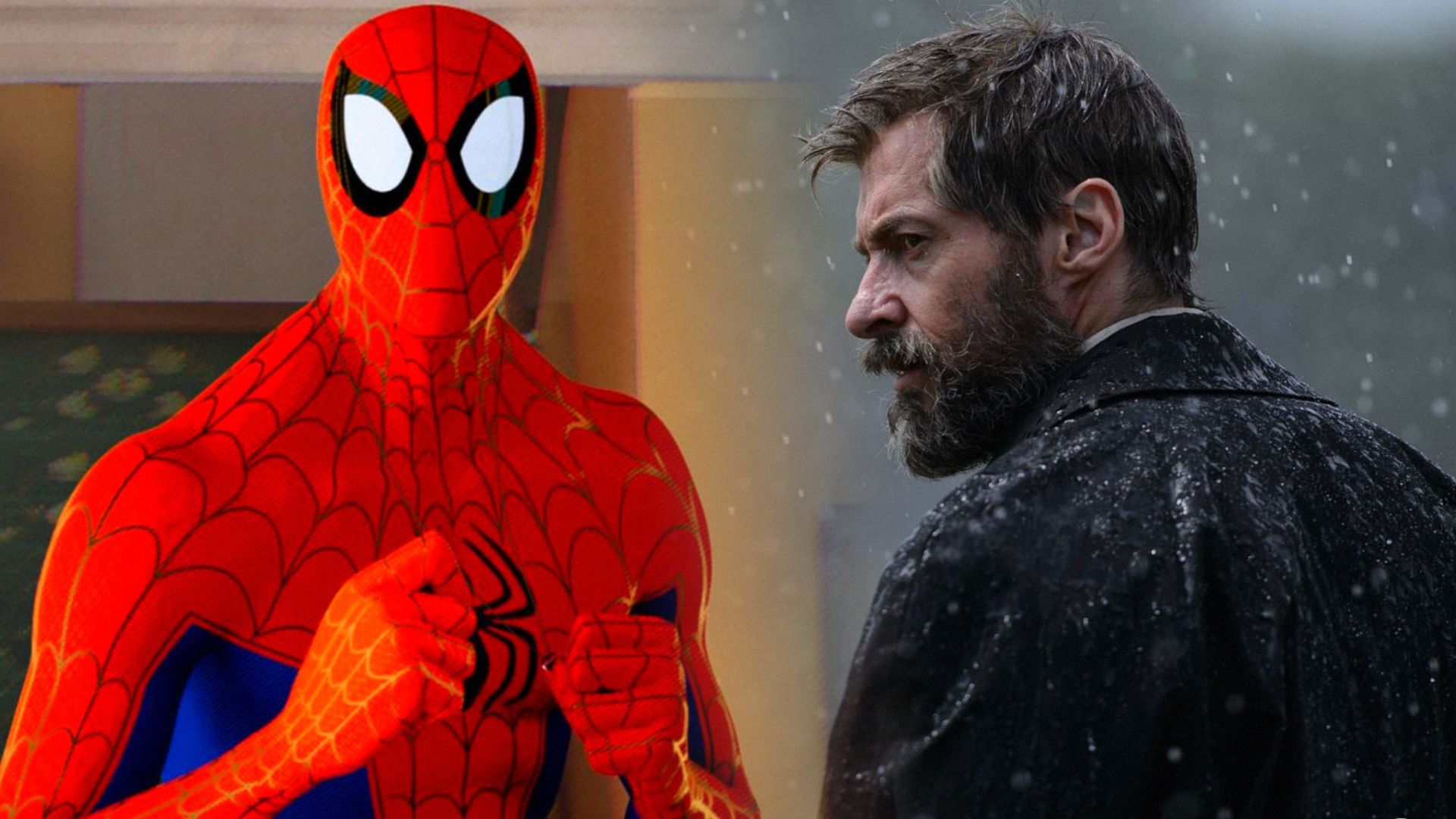 Personaggio animato in costume da supereroe rosso e blu, l'attore Hugh Jackman in giacca nera in piedi di profilo sotto la pioggia