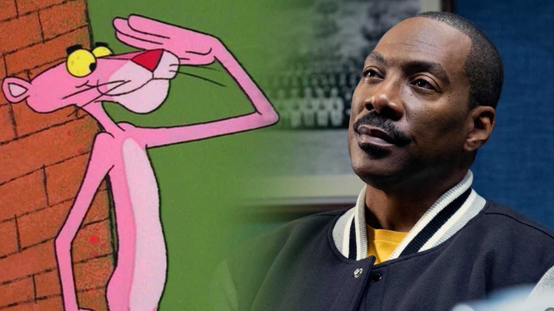 Pantera rosa cartoon e attore Eddie Murphy in una giacca bomber grigio-nera