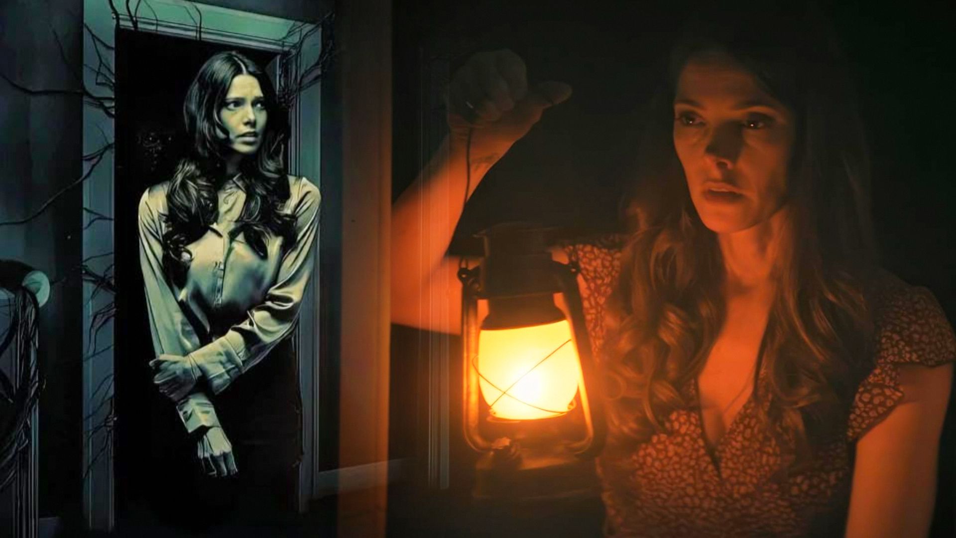 L'attrice Ashley Greene in piedi con una camicetta bianca vicino a una porta, tiene una lampada a cherosene nella mano destra
