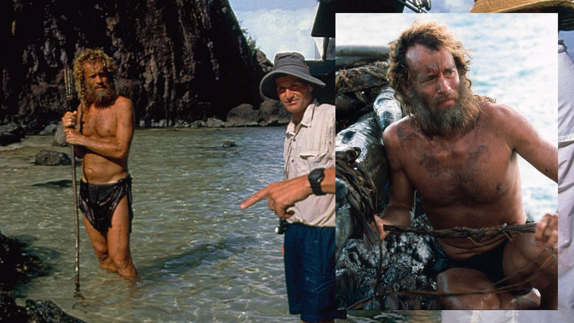L'attore Tom Hanks con un bastone in mano sta nell'acqua di fronte alle scogliere