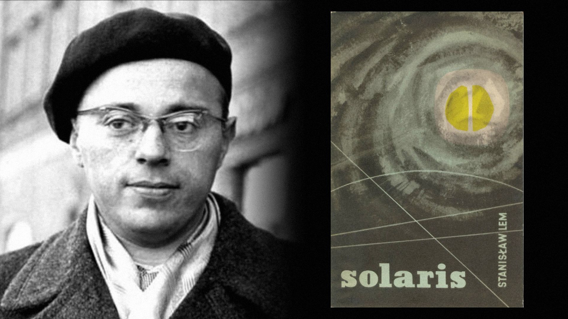 Lo scrittore Stanisław Lem con basco e occhiali, accanto alla copertina di un libro con una macchia giallo-bianca