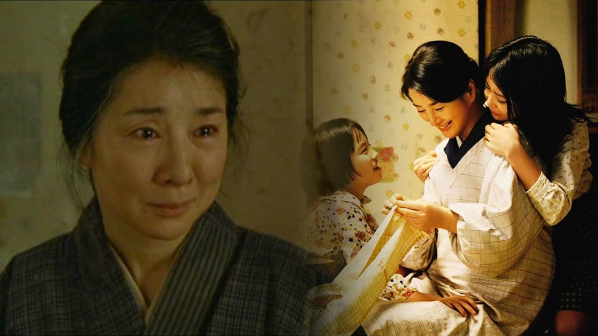 Una donna in kimono grigio guarda tristemente di lato, mentre a destra una giovane ragazza in kimono bianco siede con due bambini