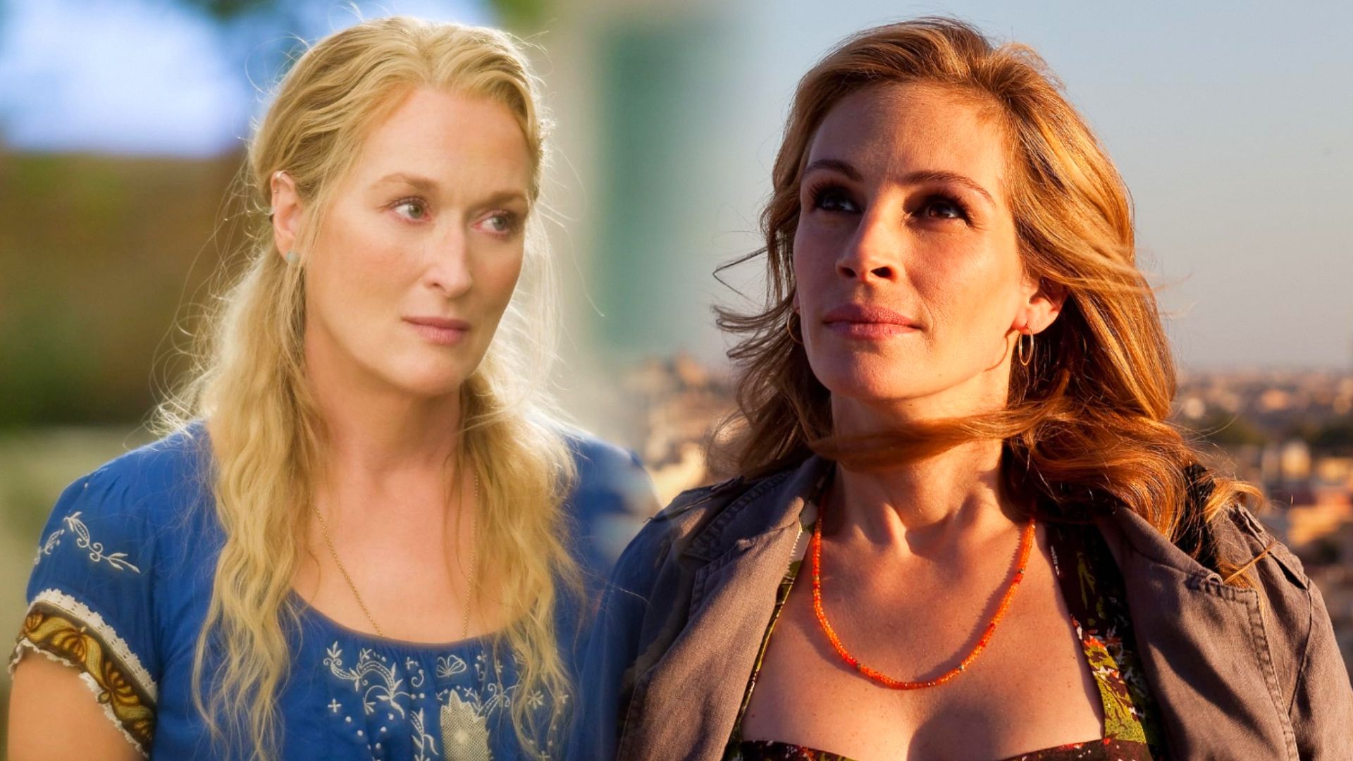 L'attrice Meryl Streep in un vestito blu e l'attrice Julia Roberts in una giacca grigia sotto la luce del sole