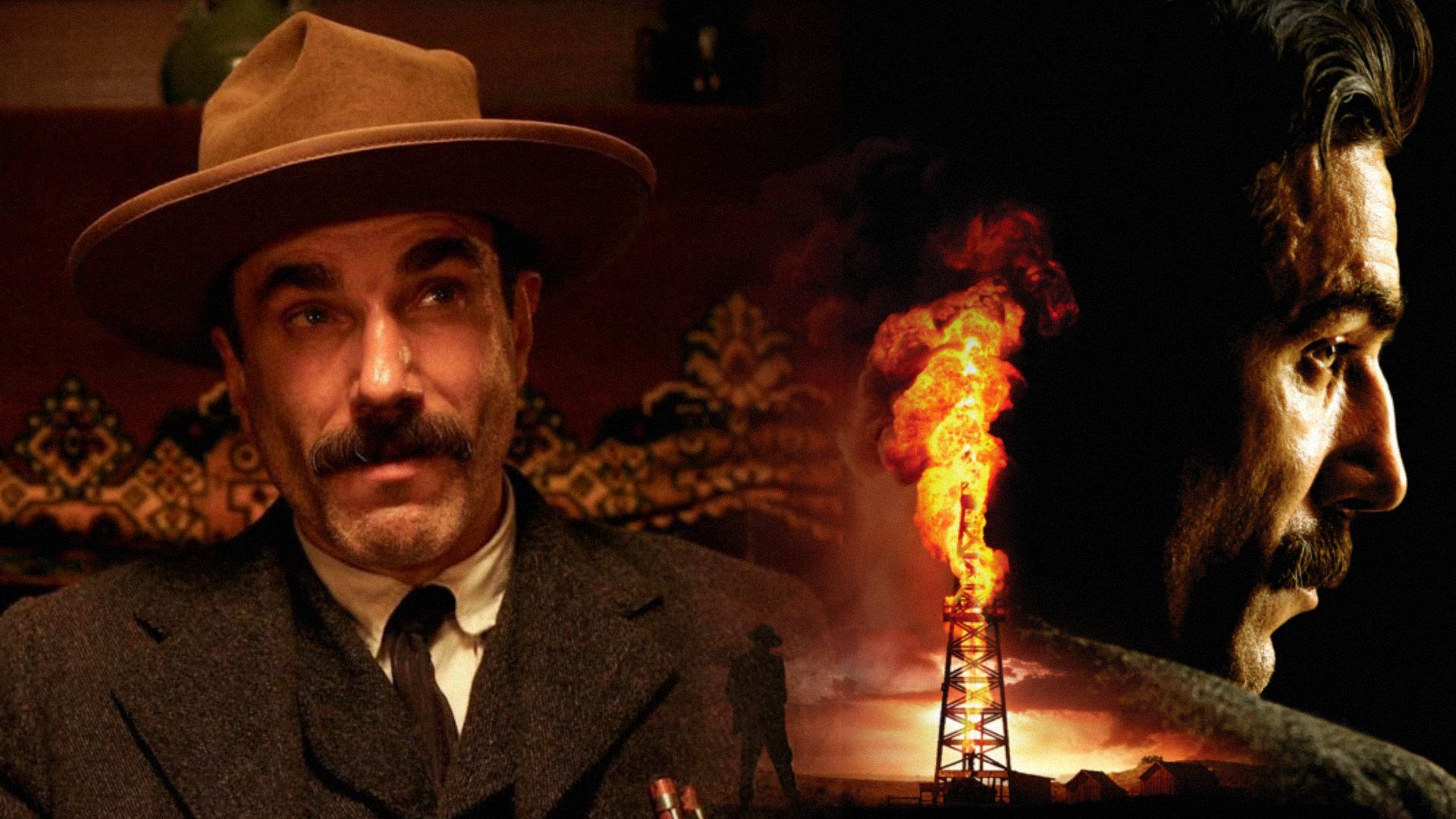 L'attore Daniel Day-Lewis con un cappello marrone in piedi accanto a una torre petrolifera in fiamme