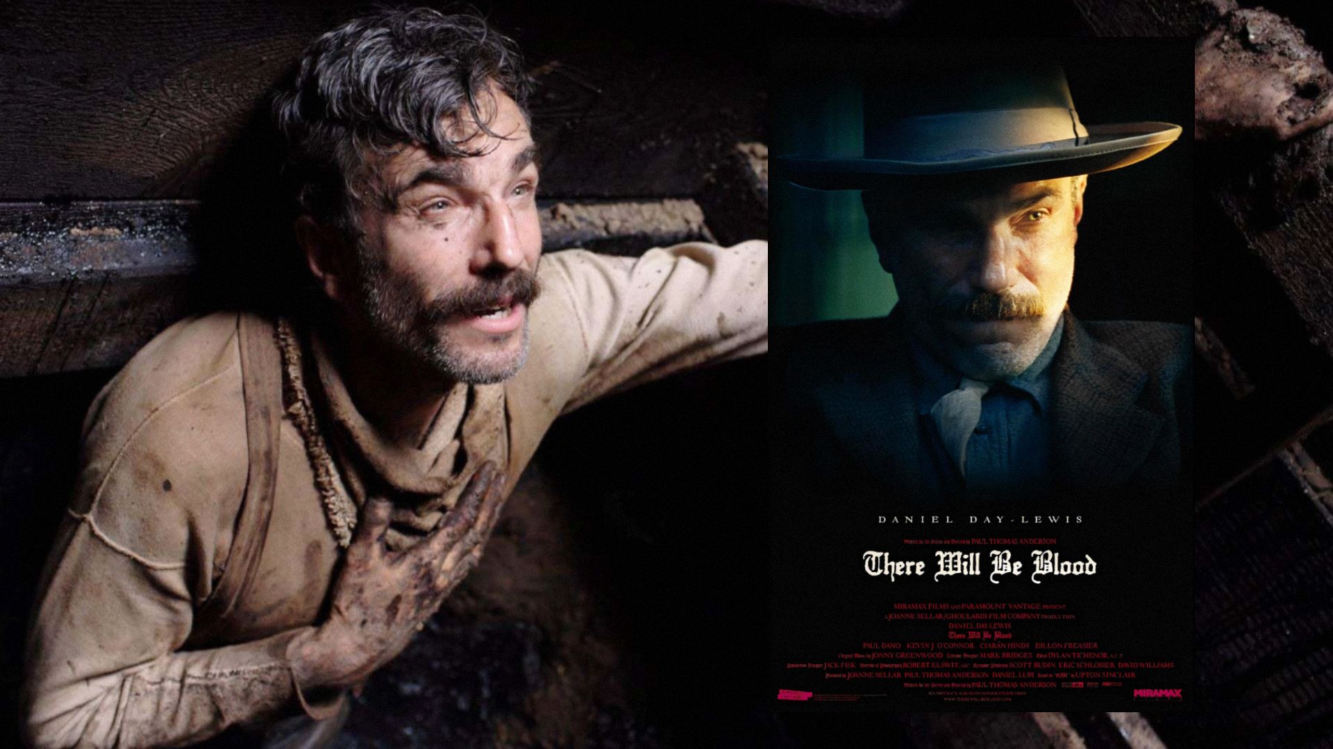L'attore Daniel Day-Lewis in abiti bianchi sporchi, accanto a un poster del film che mostra l'attore in giacca e cappello