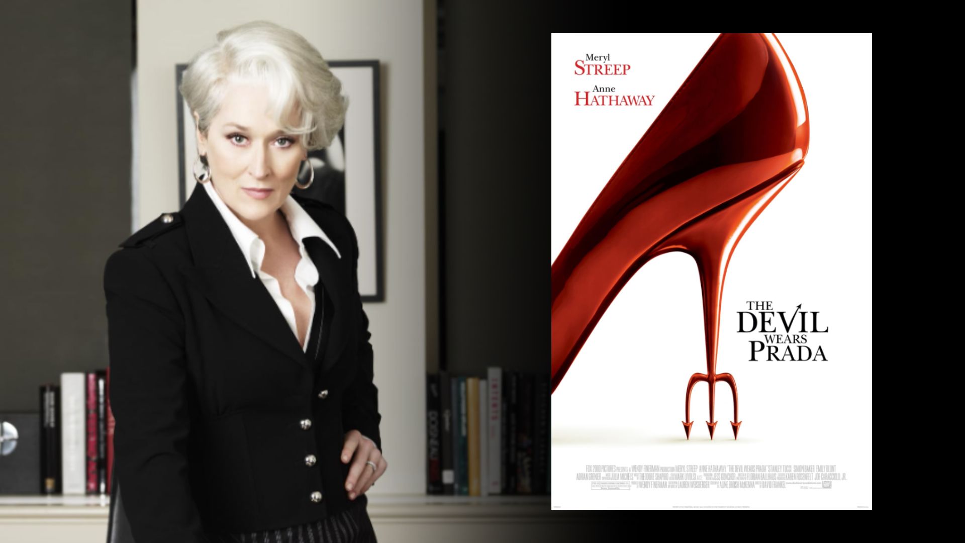 L'attrice Meryl Streep in un blazer nero sta in piedi accanto a un tavolo, vicino a un poster del film che mostra un tacco alto rosso