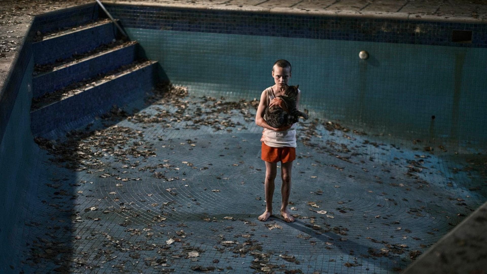 Un ragazzo in pantaloncini arancioni sta sul fondo di una piscina tenendo un gatto tra le mani