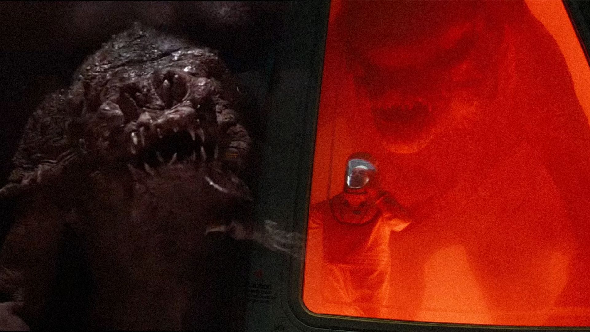 Mostro con una testa enorme, con un mostro simile seduto dietro il vetro in un laboratorio nelle vicinanze