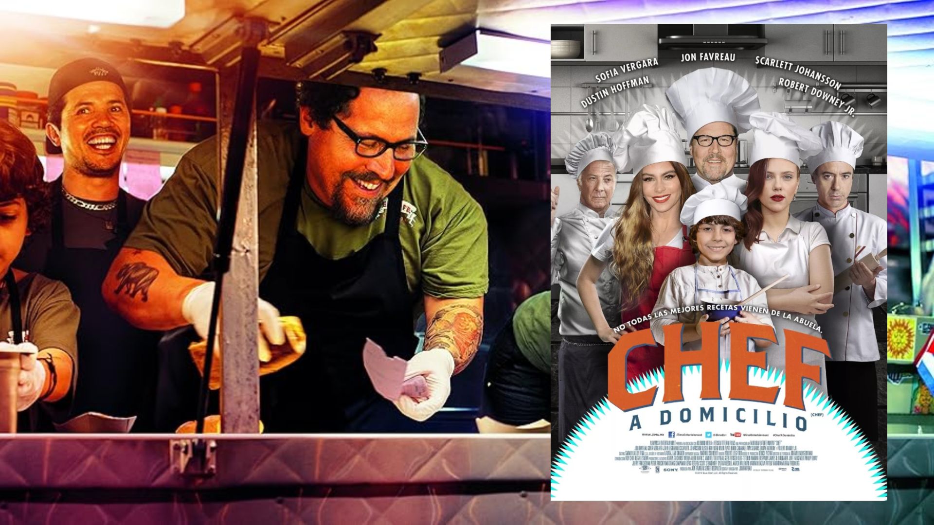 Due uomini cucinano in un food truck, con un poster del film nelle vicinanze che mostra l'attrice Scarlett Johansson che indossa un cappello da chef