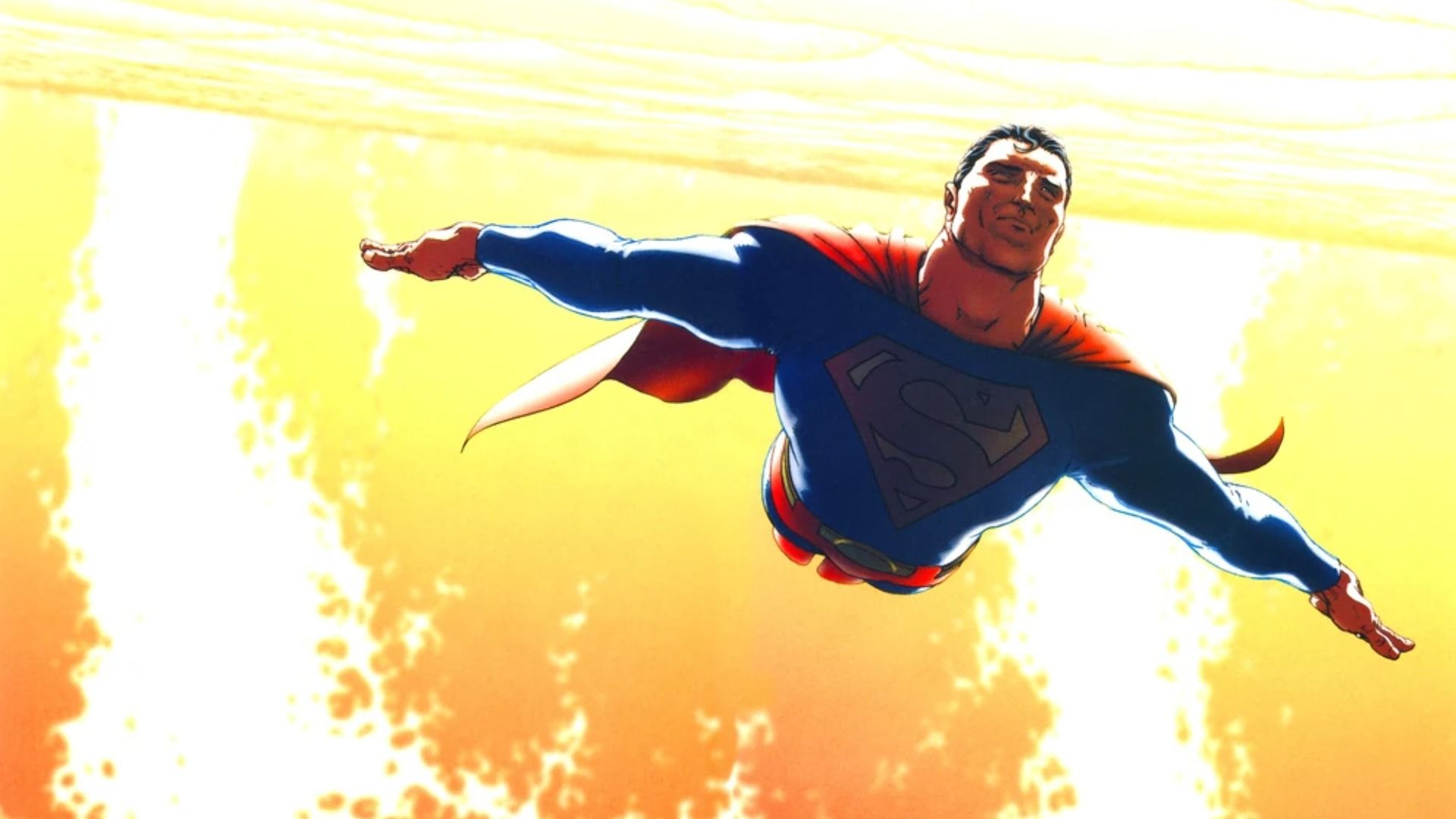 Un supereroe in costume blu e rosso vola verso il sole