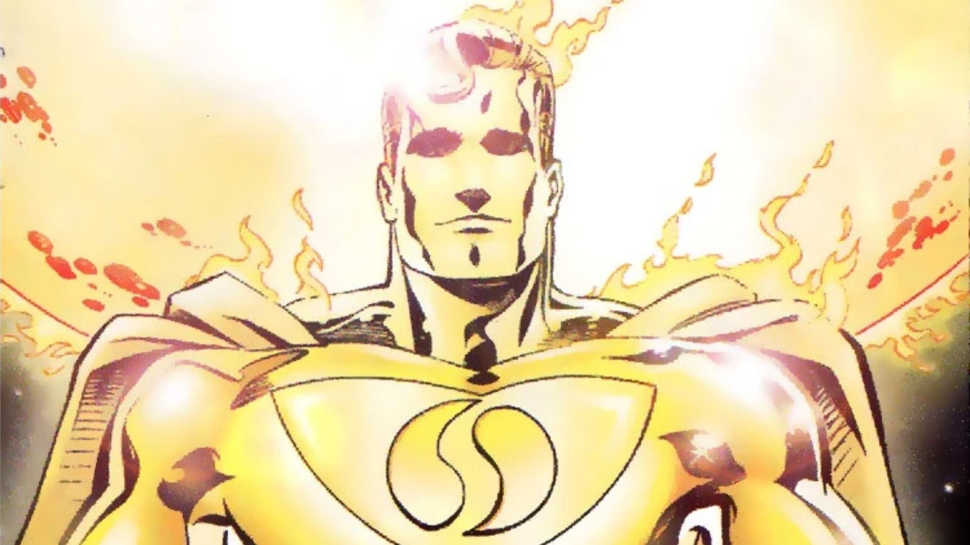 Un supereroe in costume dorato con fiamme sulle spalle
