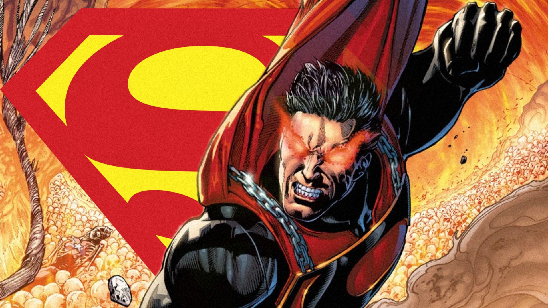 Un supereroe in costume rosso e nero con occhi rossi luminosi