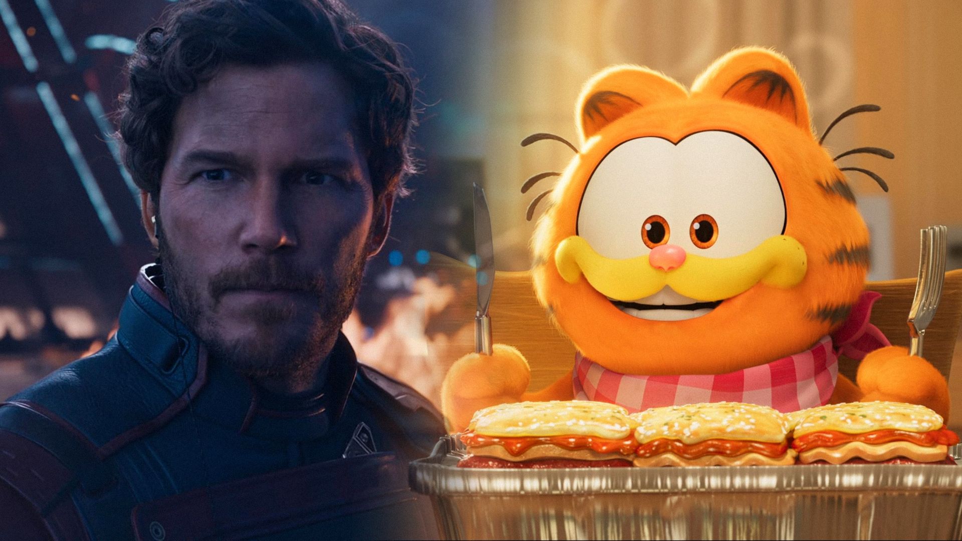 L'attore Chris Pratt in abito blu guarda di lato, il gatto arancione Garfield siede a tavola e sorride