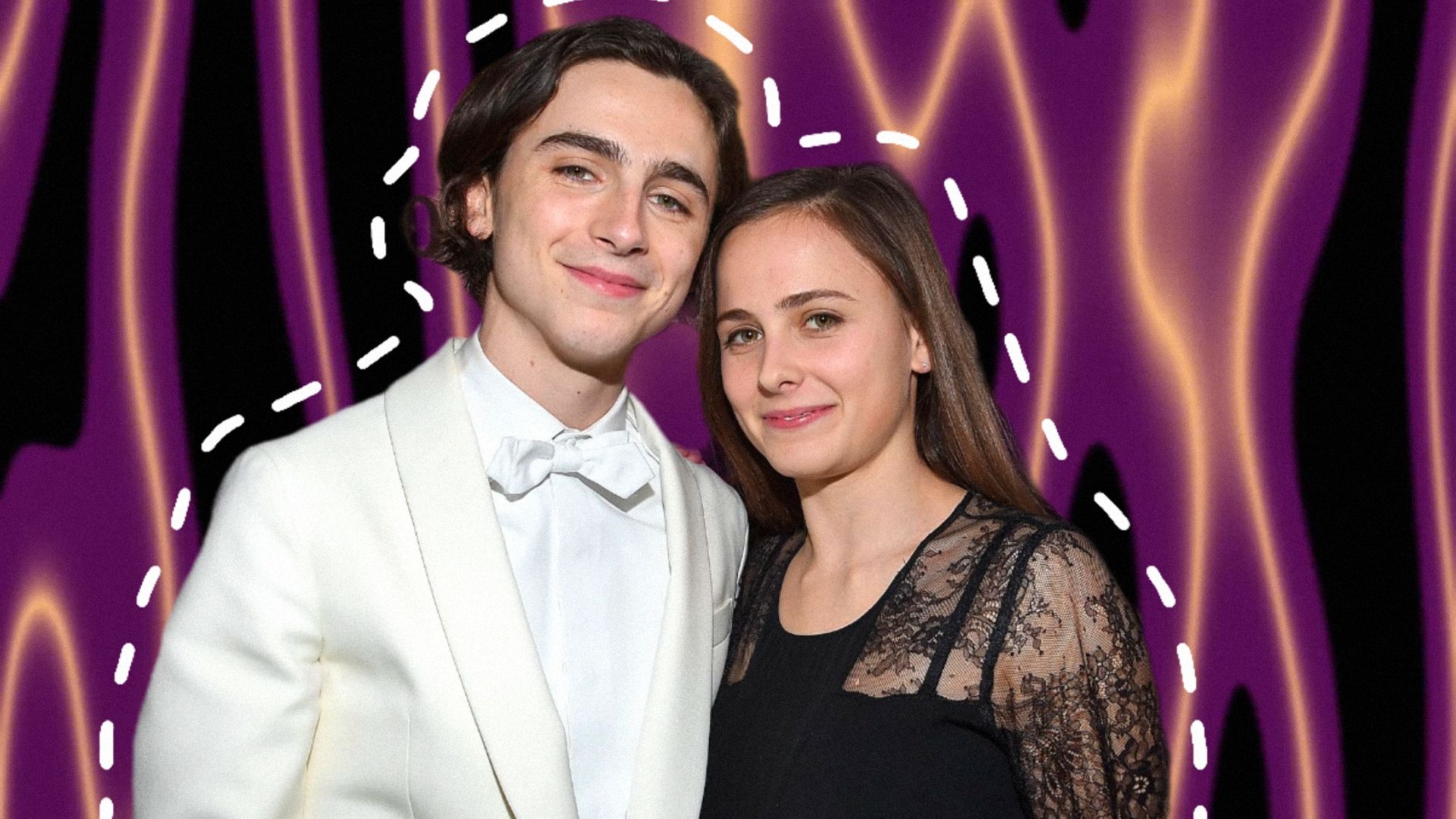 L'attore Timothée Chalamet in blazer bianco accanto a sua sorella, l'attrice Pauline Chalamet in abito nero