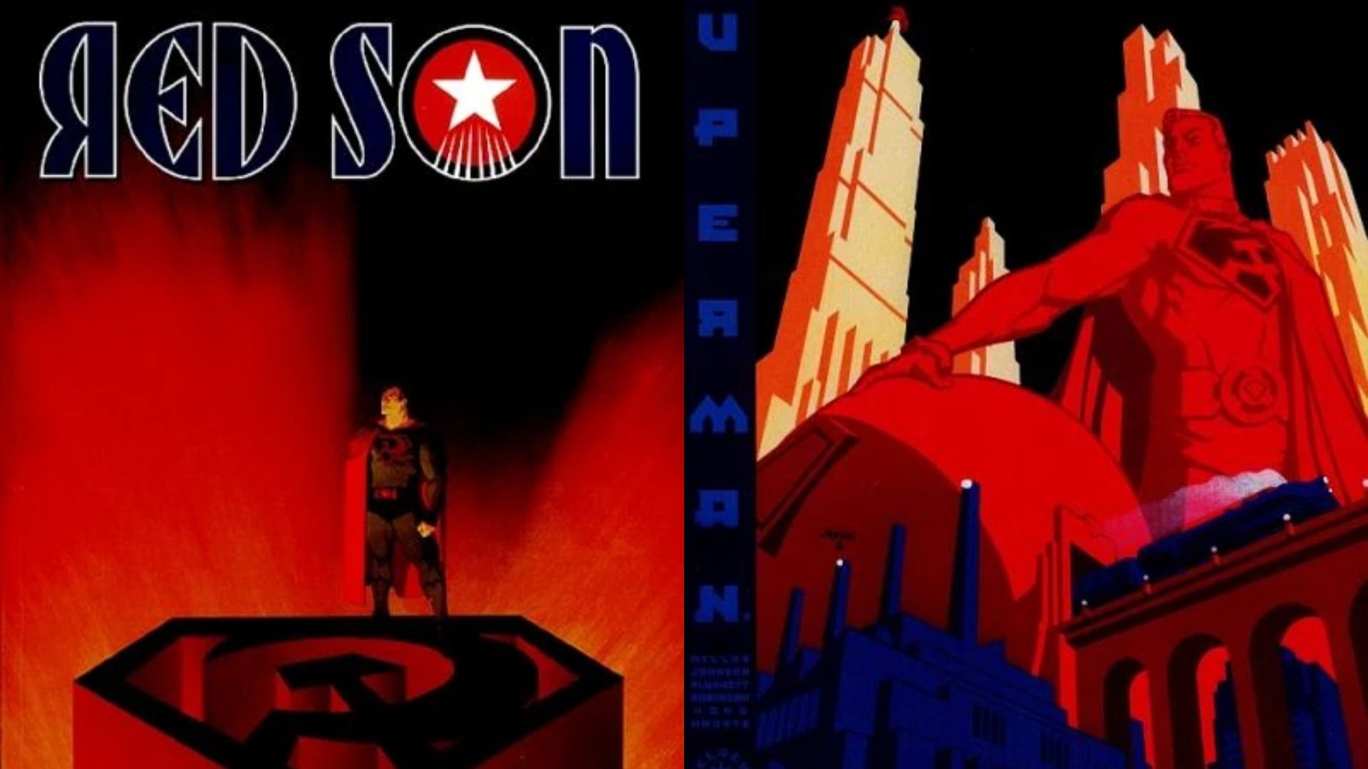Copertine di fumetti di Superman dove il supereroe sta su un piedistallo a forma di martello e falce