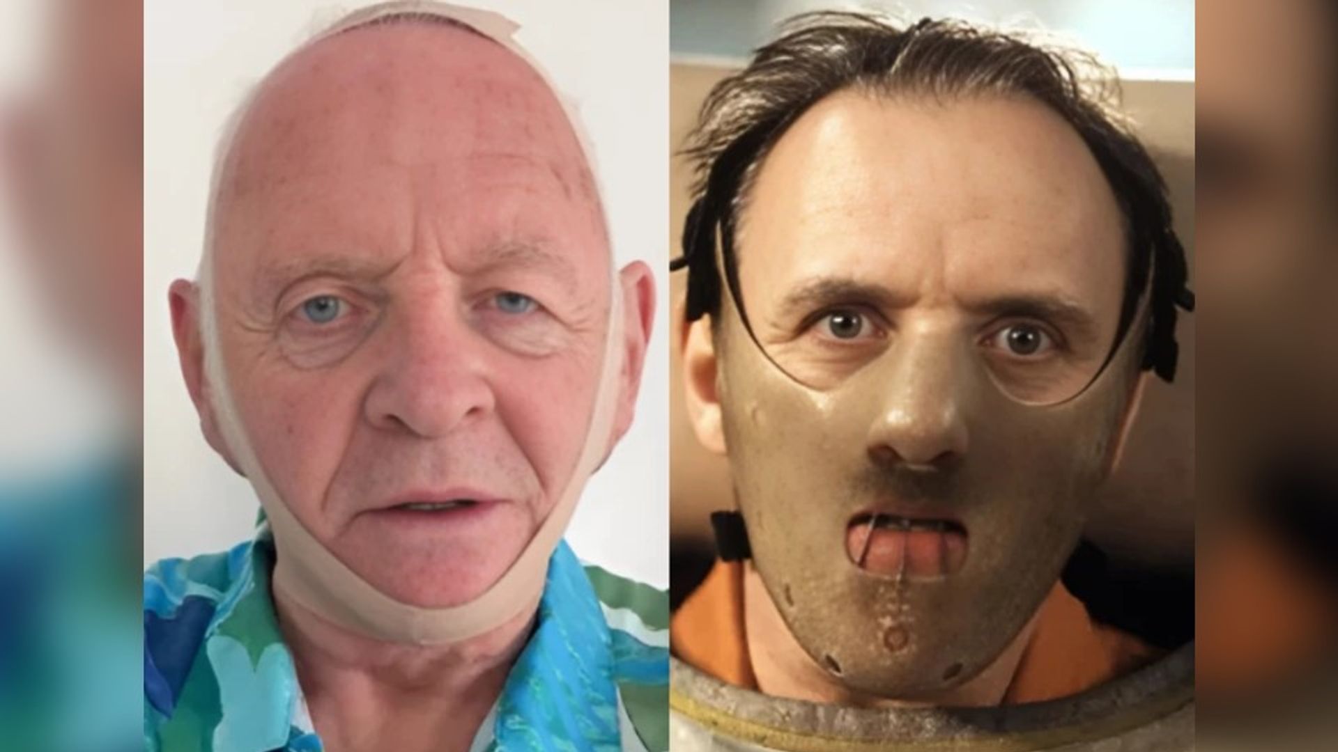 A sinistra Anthony Hopkins con una maschera bendaggio ora, a destra una scena del suo personaggio da "The Silence of the Lambs" con una maschera