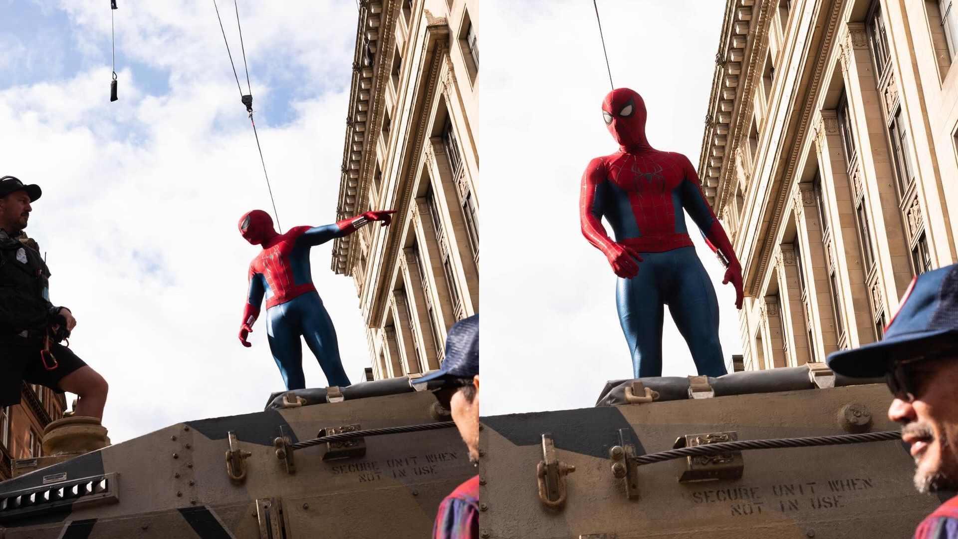 Tom Holland in costume da Spider-Man sul set cinematografico