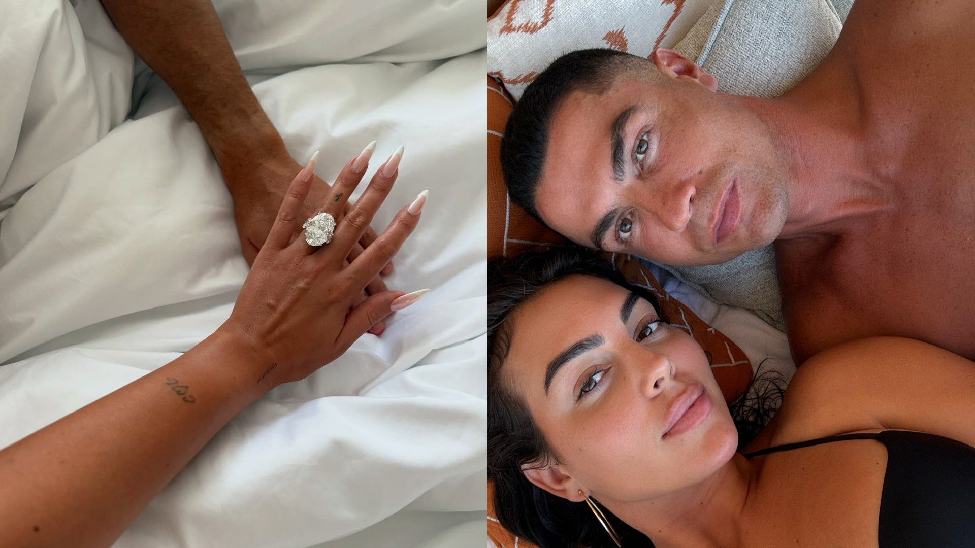 A sinistra, la mano di una donna con un grande anello di diamanti, a destra, un selfie di Georgina Rodriguez e Cristiano Ronaldo