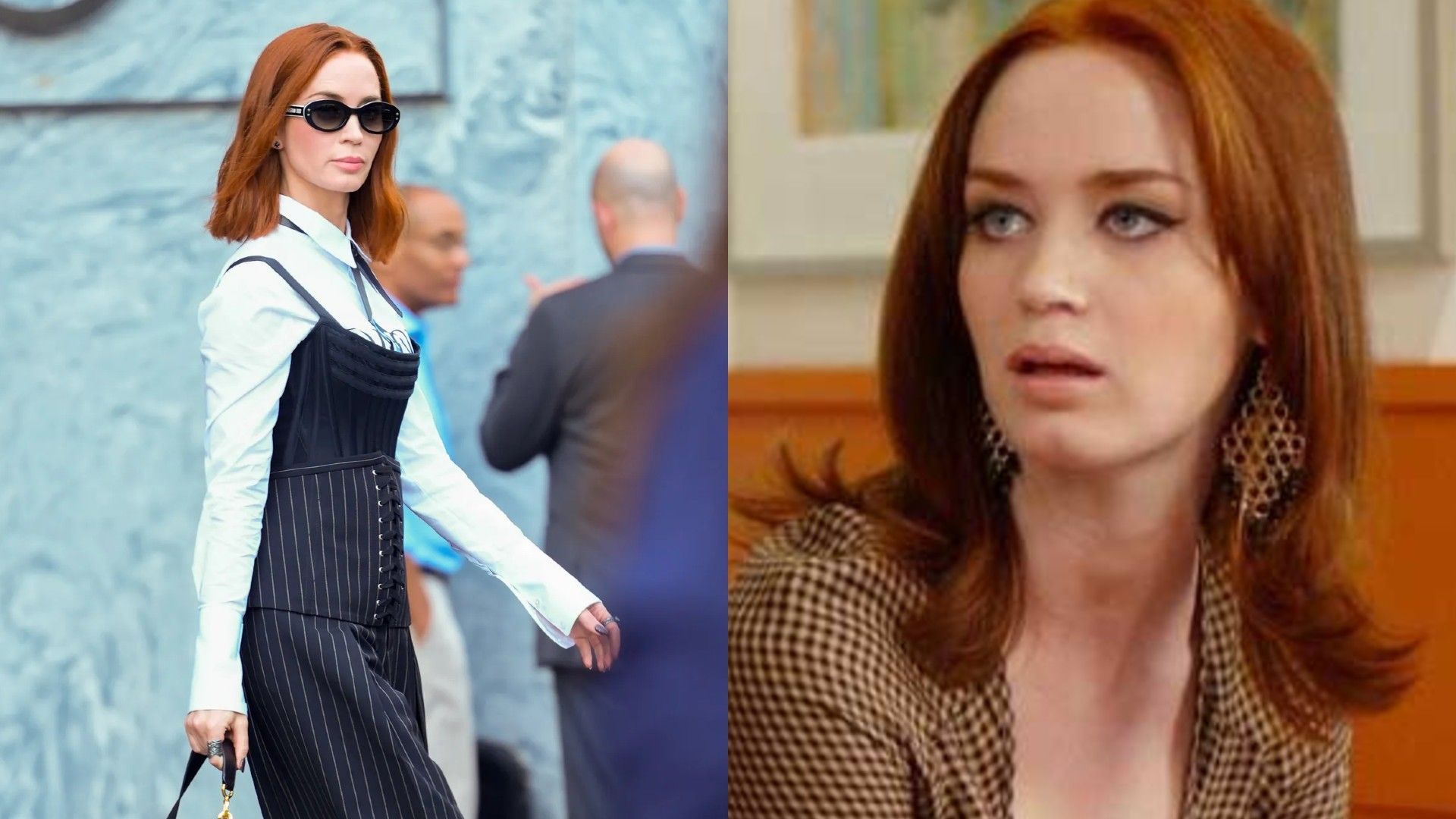 Emily Blunt, collage di due foto: camminando per strada, scena da "The Devil Wears Prada"