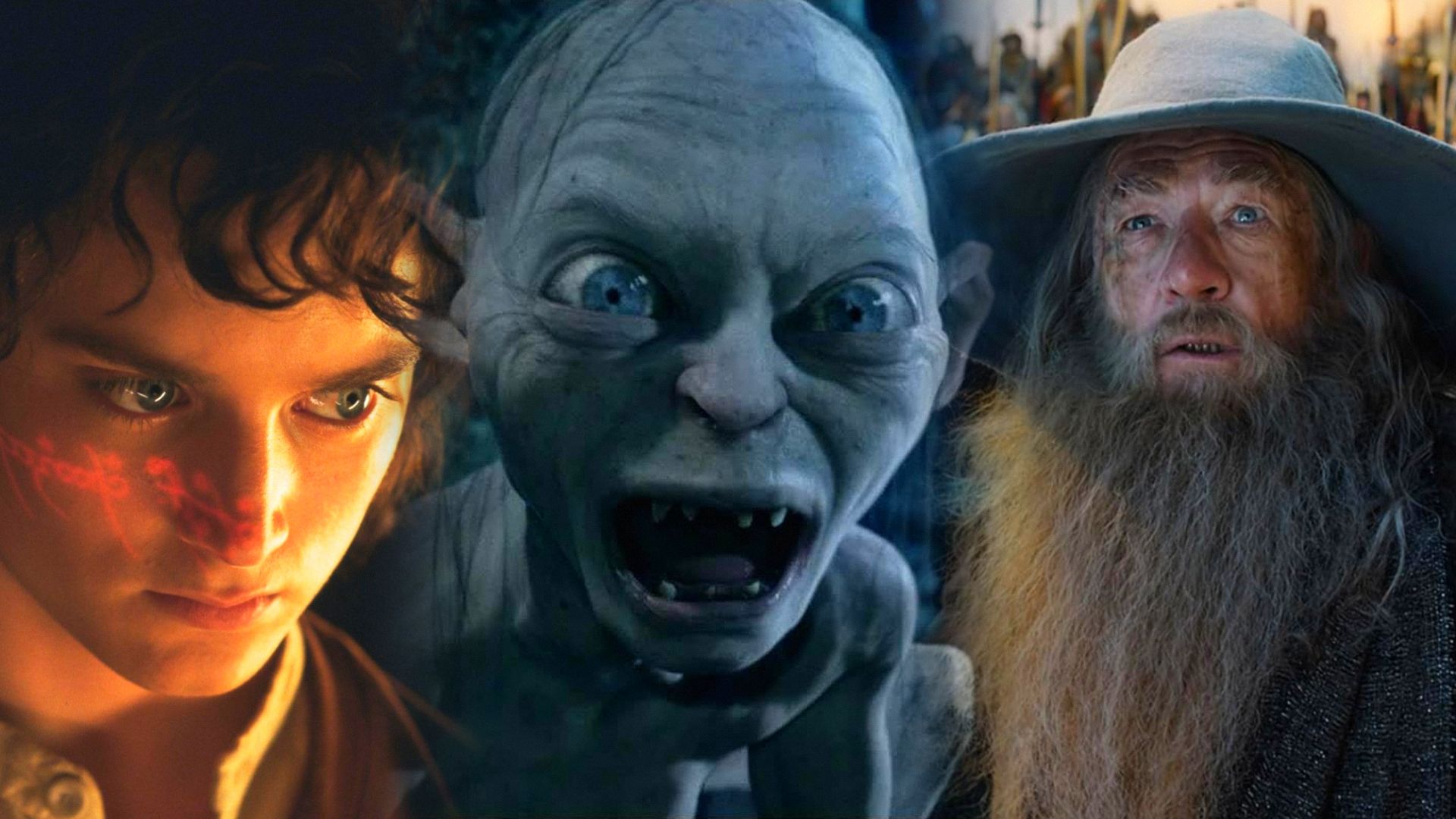 L'attore Elijah Wood in una camicia bianca, l'attore Andy Serkis nei panni di Gollum e Ian McKellen con un cappello grigio