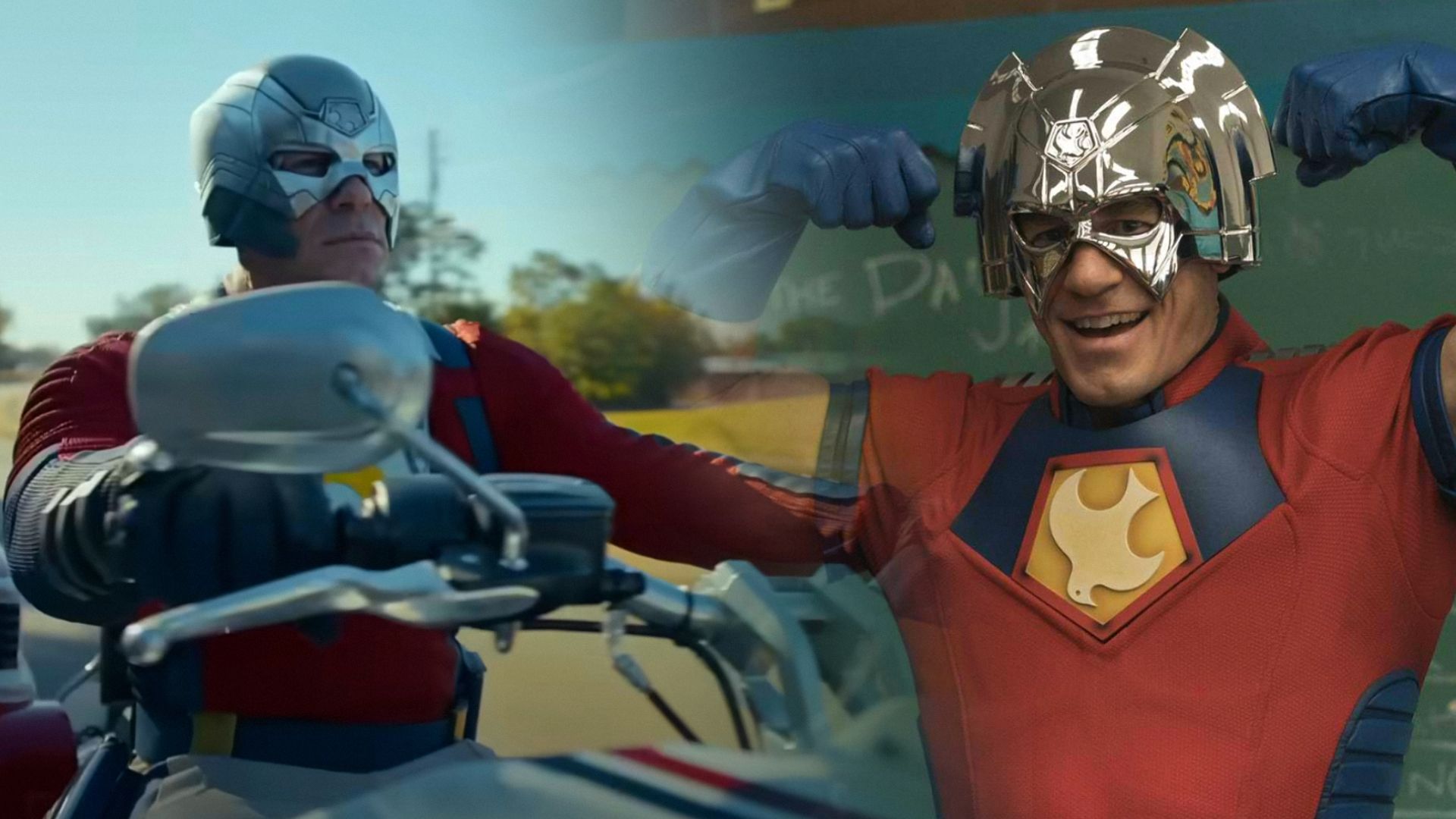 L'attore John Cena in costume da supereroe con elmo argentato e giacca rossa