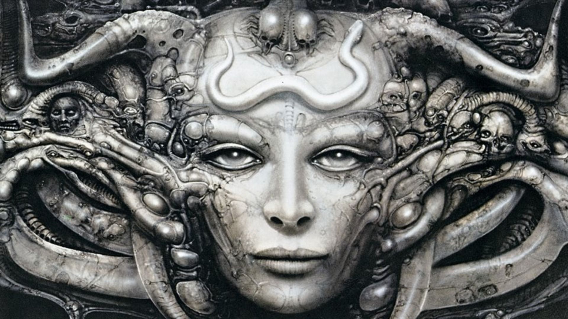 Volto di ragazza futuristica con strutture meccaniche intrecciate