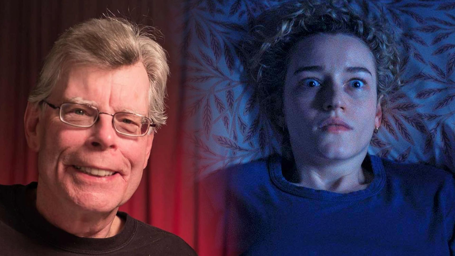 Lo scrittore Stephen King in una maglietta nera, una ragazza giace sul letto impaurita