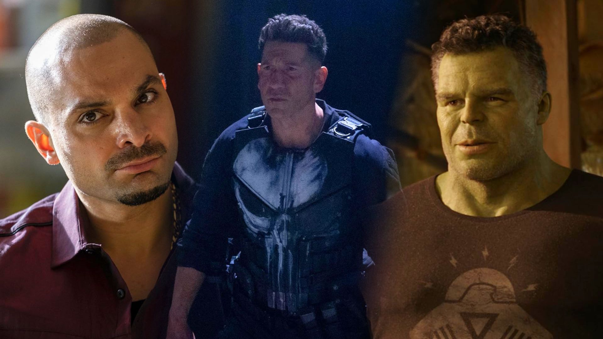 L'attore Michael Mando in camicia rossa, Jon Bernthal in giubbotto antiproiettile nero, Mark Ruffalo come il mostro verde