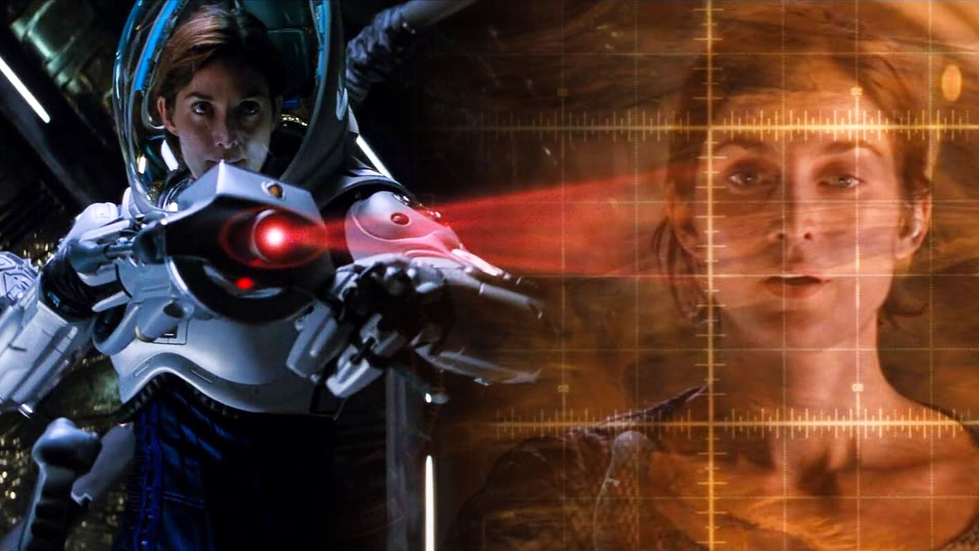 L'attrice Carrie-Anne Moss in una tuta spaziale futuristica spara con un'arma laser