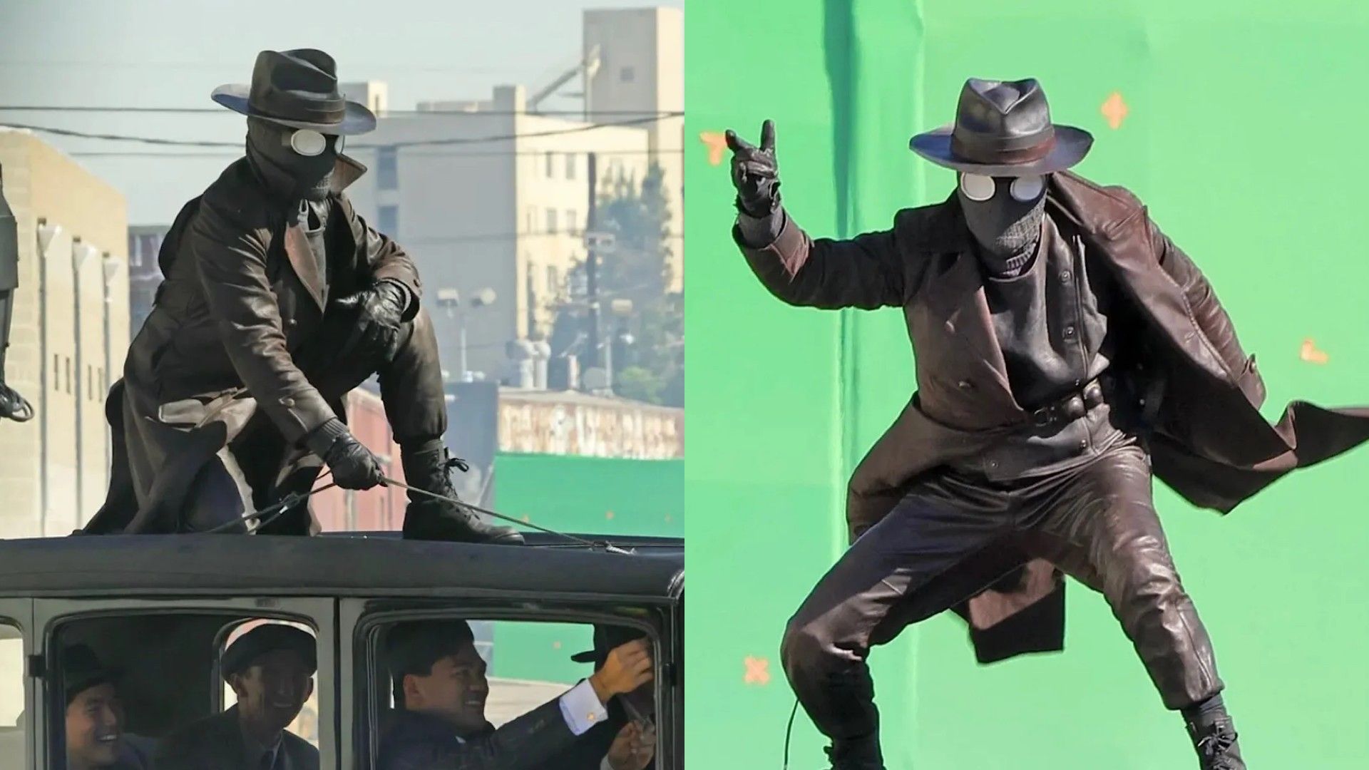 Nicolas Cage in costume da Spider-Man Noir sul set indossa un cappotto di pelle e un cappello
