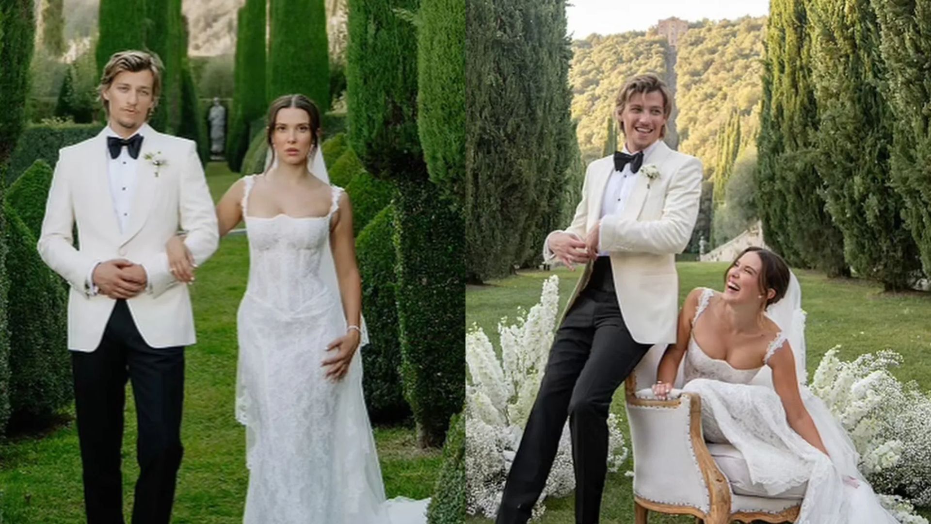 Millie Bobby Brown e Jake Bongiovi nelle foto di matrimonio: lo sposo in smoking bianco e la sposa in abito bianco di pizzo che posano in giardino