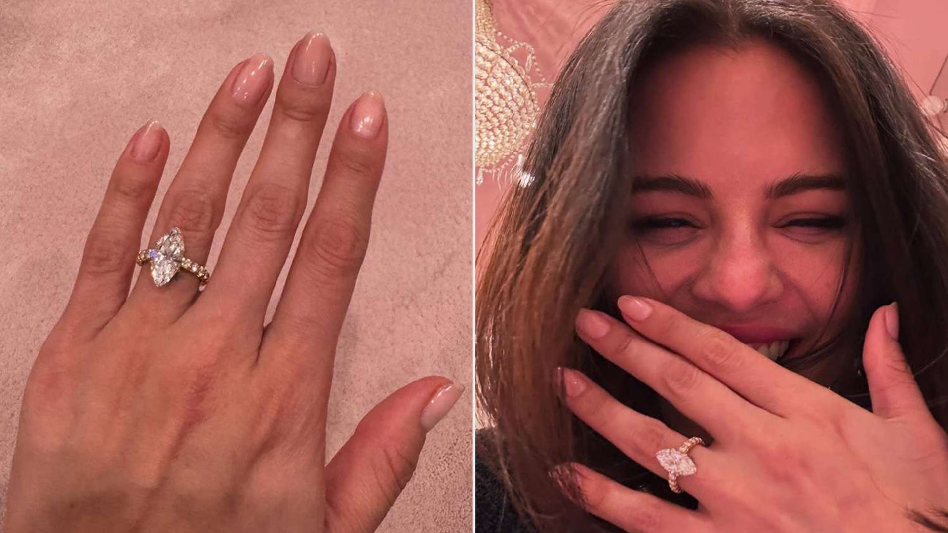 Selena Gomez mostra un anello con un grande diamante sulla mano, nella seconda foto sorride coprendo la bocca con la mano che indossa l'anello