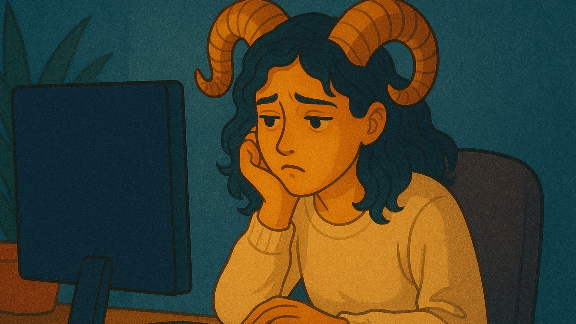 Una donna Ariete seduta al computer con aria annoiata