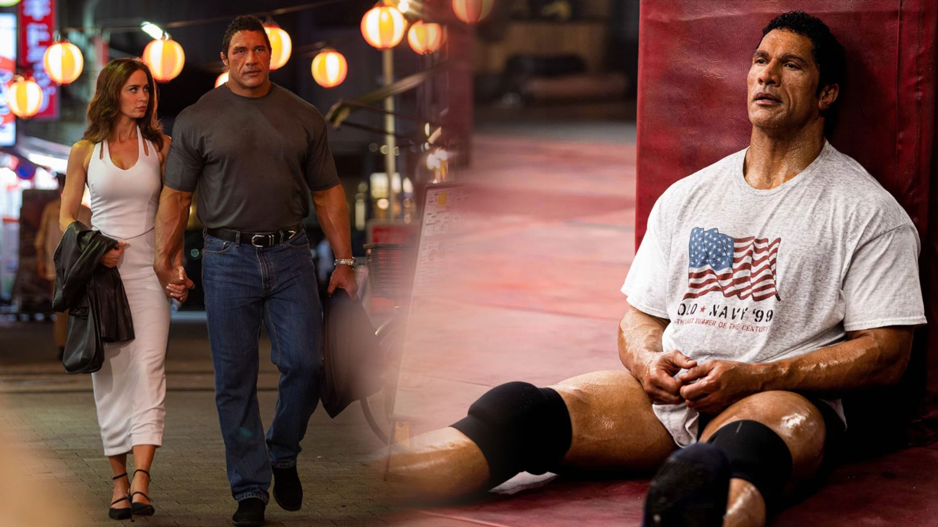 L'attore Dwayne Johnson in una t-shirt grigia cammina per strada con Emily Blunt in un vestito bianco